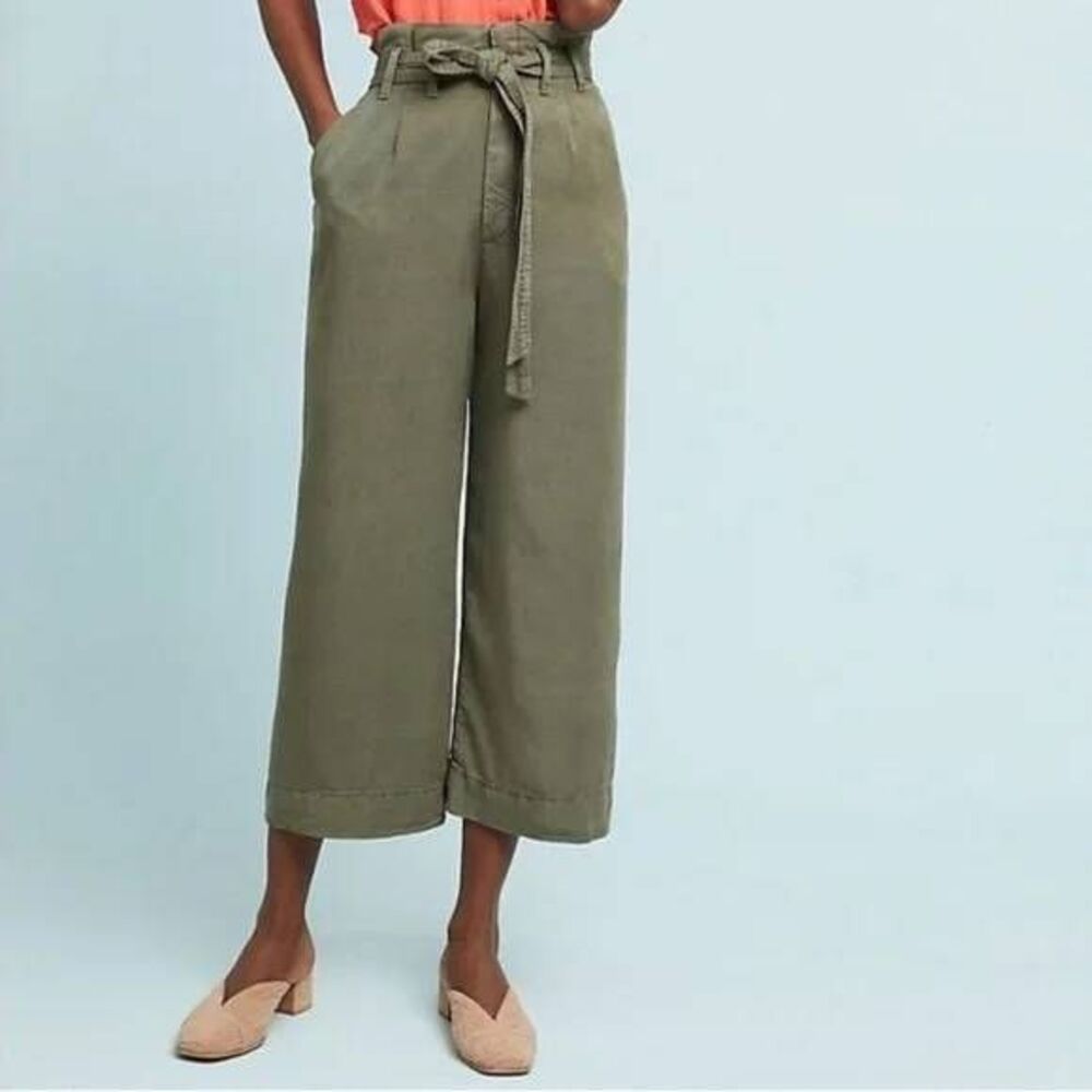 Anthropologie Olive Green Paperbag Pants Wide Leg 4 MISSING BELT Gorpcore Basic